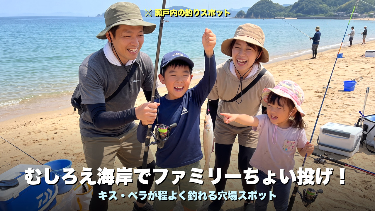 むしろえ海岸でファミリーちょい投げ釣りを楽しむ様子