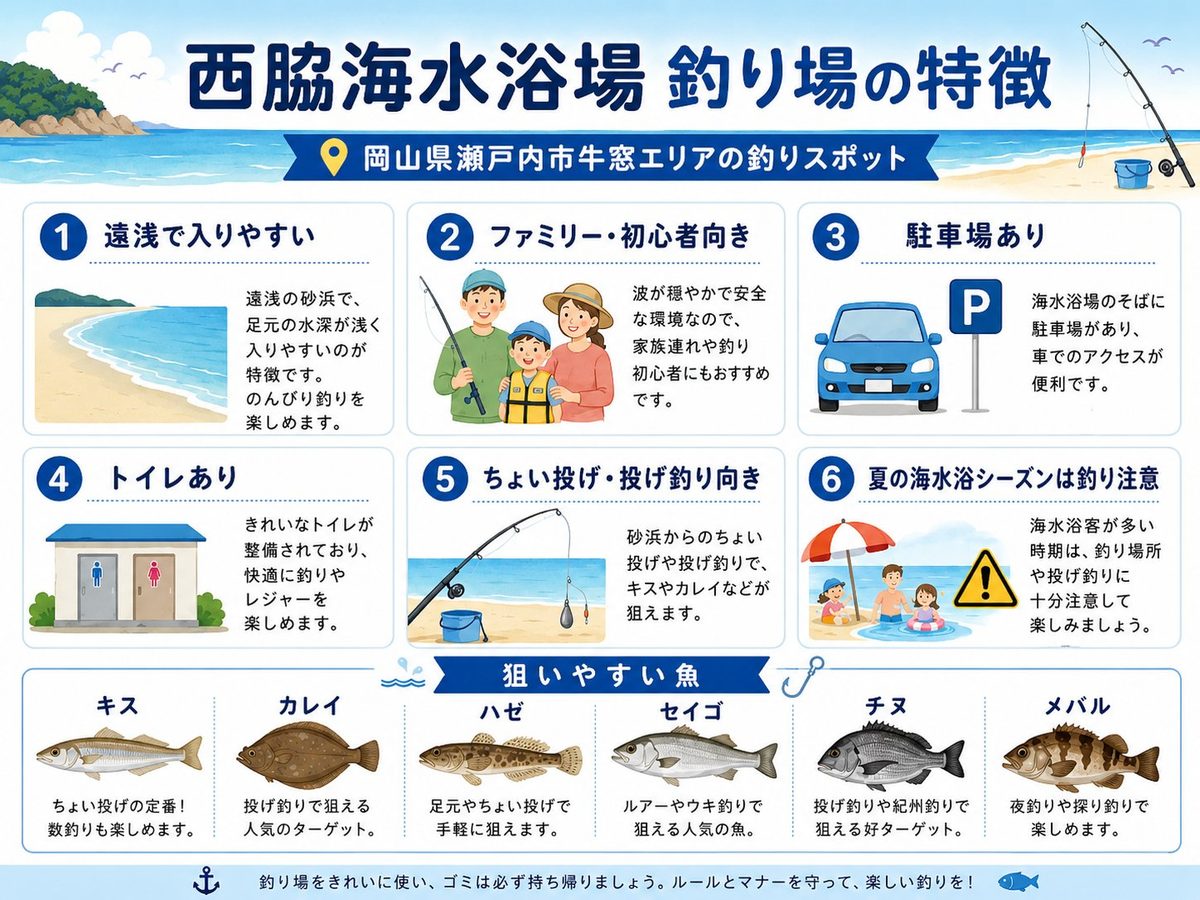 西脇海水浴場 釣り場の特徴を6つにまとめた図解のイメージ画像