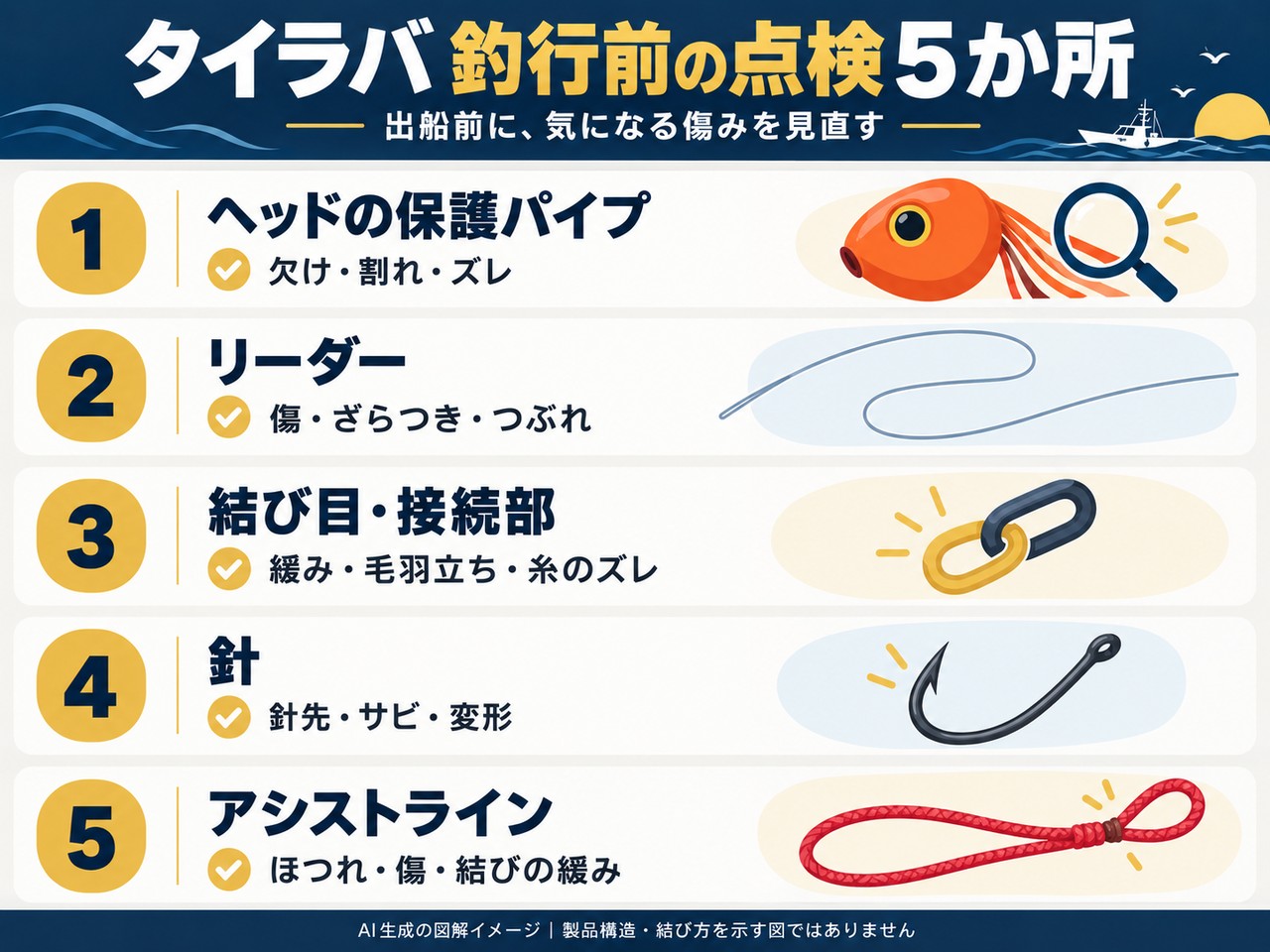 AI生成の点検図解。ヘッドの保護パイプ、リーダー、結び目・接続部、針、アシストラインの5か所を確認。製品構造や結び方の図ではありません。