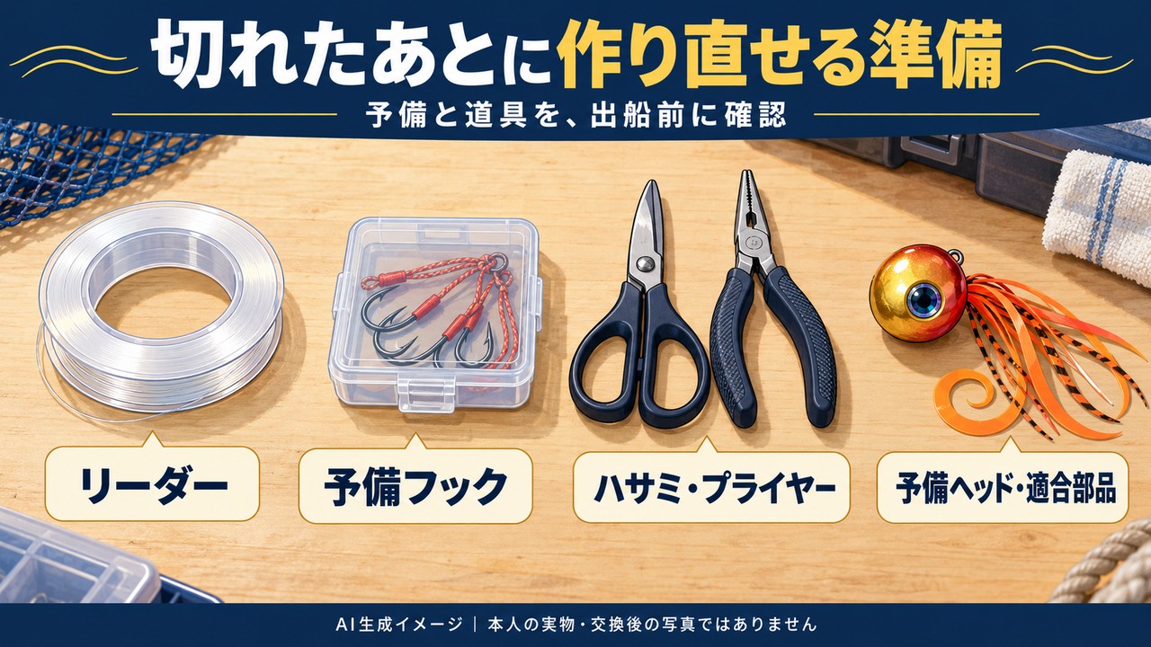 リーダー、予備フック、ハサミ・プライヤー、予備ヘッド・適合部品を並べたAI生成イメージ。本人の実物や交換後の写真ではありません。